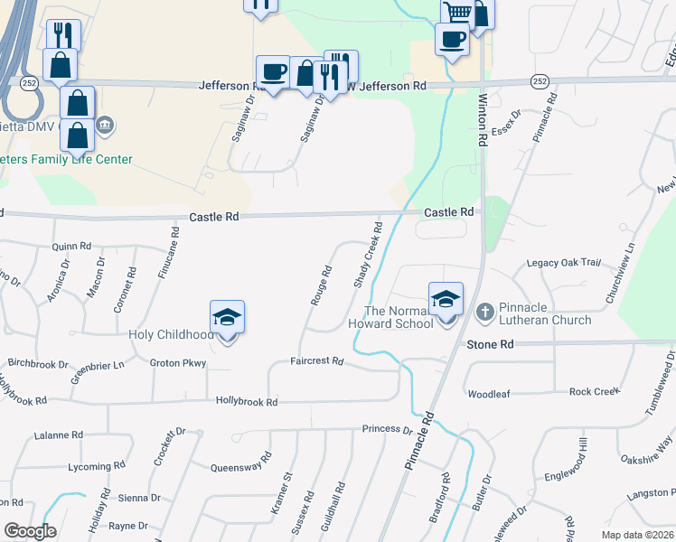 map of restaurants, bars, coffee shops, grocery stores, and more near 72 Rouge Road in Rochester