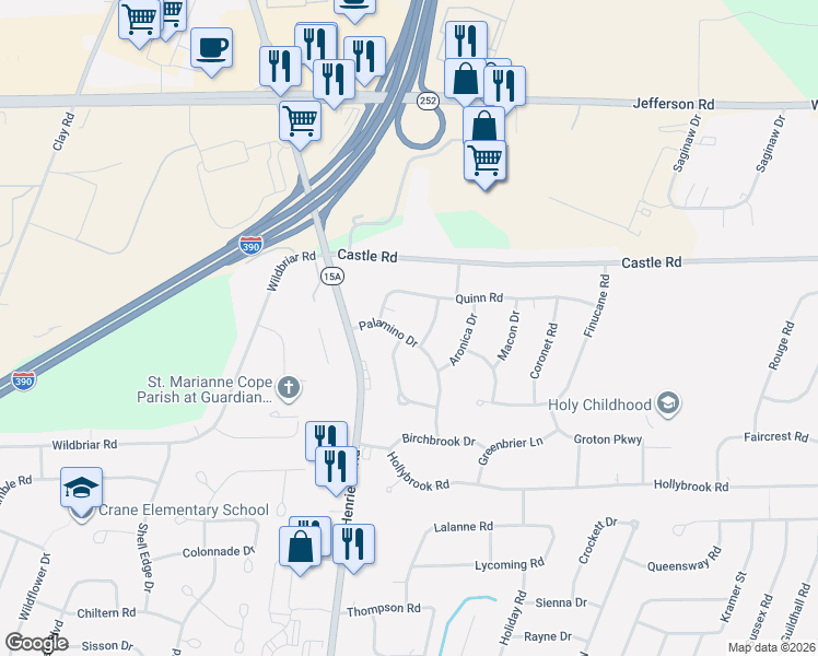 map of restaurants, bars, coffee shops, grocery stores, and more near 55 Palamino Drive in Rochester
