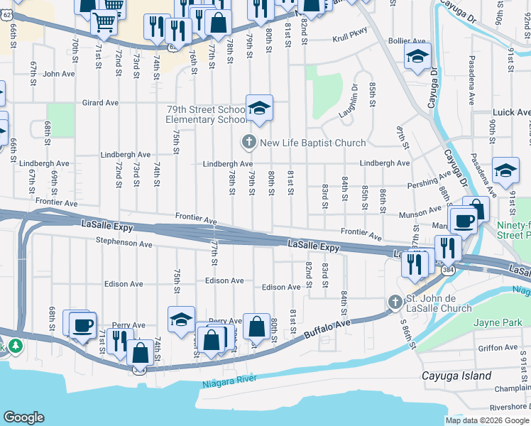 map of restaurants, bars, coffee shops, grocery stores, and more near 403 79th Street in Niagara Falls
