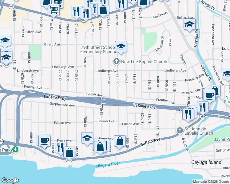 map of restaurants, bars, coffee shops, grocery stores, and more near 403 79th Street in Niagara Falls