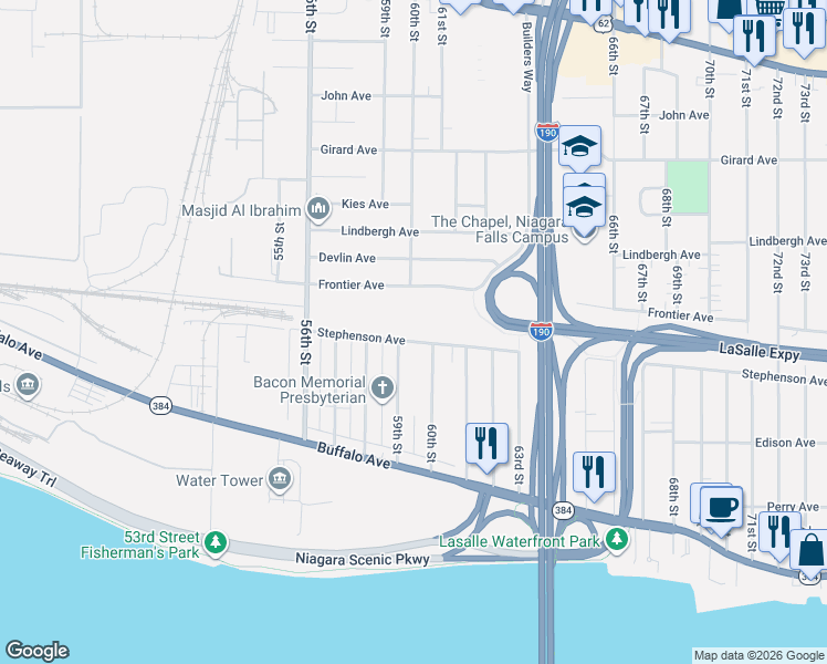 map of restaurants, bars, coffee shops, grocery stores, and more near 215 59th Street in Niagara Falls