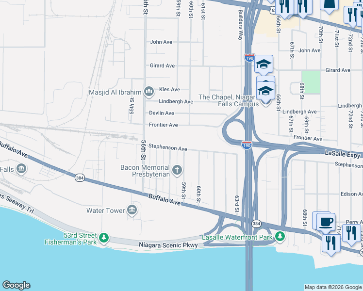map of restaurants, bars, coffee shops, grocery stores, and more near 215 59th Street in Niagara Falls