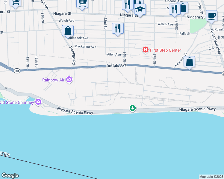 map of restaurants, bars, coffee shops, grocery stores, and more near 1825 Buffalo Avenue in Niagara Falls