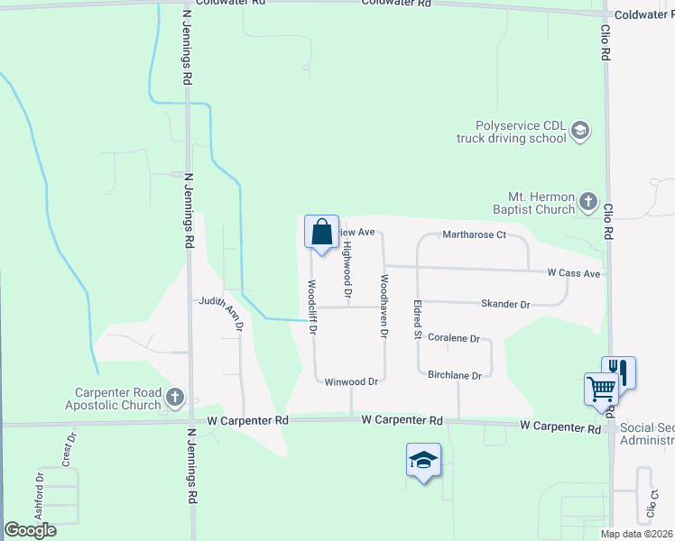 map of restaurants, bars, coffee shops, grocery stores, and more near 5171 Highwood Drive in Flint