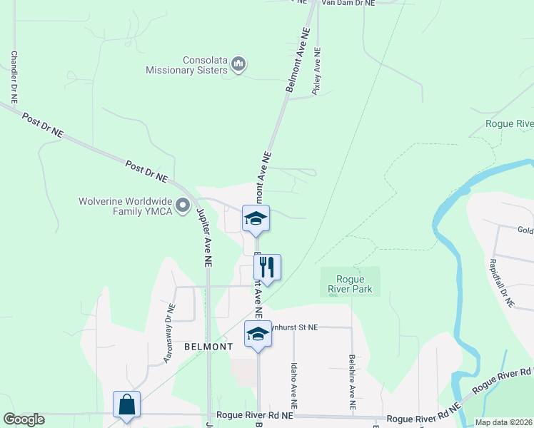 map of restaurants, bars, coffee shops, grocery stores, and more near 6447 Belmont Avenue Northeast in Plainfield charter Township