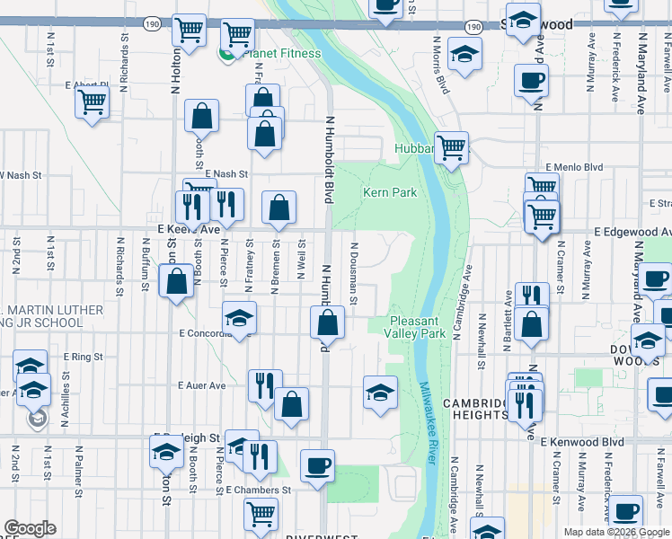 map of restaurants, bars, coffee shops, grocery stores, and more near 3408 North Humboldt Boulevard in Milwaukee
