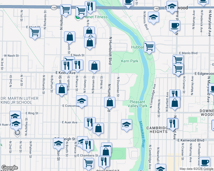 map of restaurants, bars, coffee shops, grocery stores, and more near 1004-1006 East Townsend Street in Milwaukee
