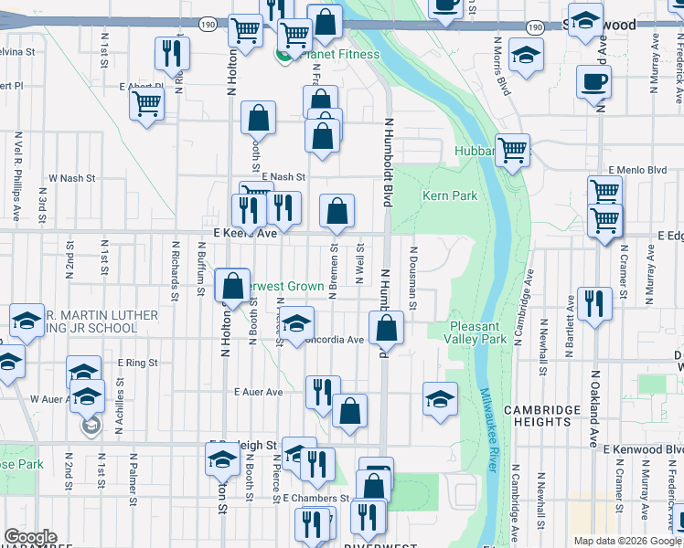 map of restaurants, bars, coffee shops, grocery stores, and more near 902 East Townsend Street in Milwaukee