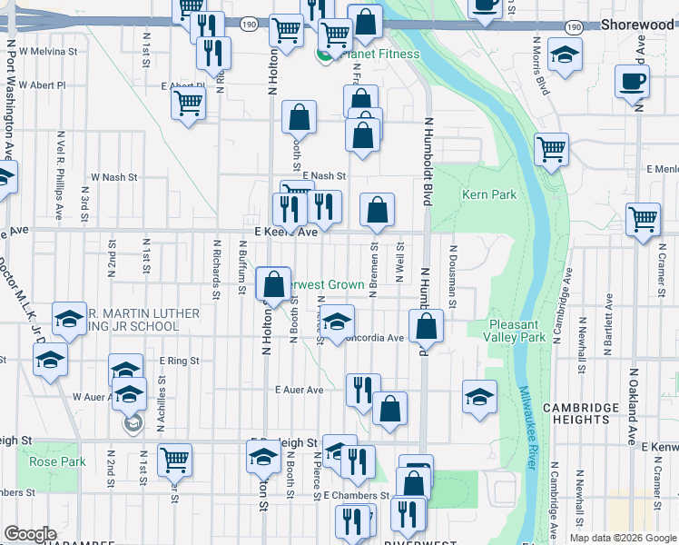 map of restaurants, bars, coffee shops, grocery stores, and more near 732 East Townsend Street in Milwaukee