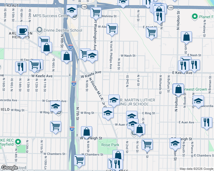 map of restaurants, bars, coffee shops, grocery stores, and more near 3348 Vel R. Phillips Avenue in Milwaukee