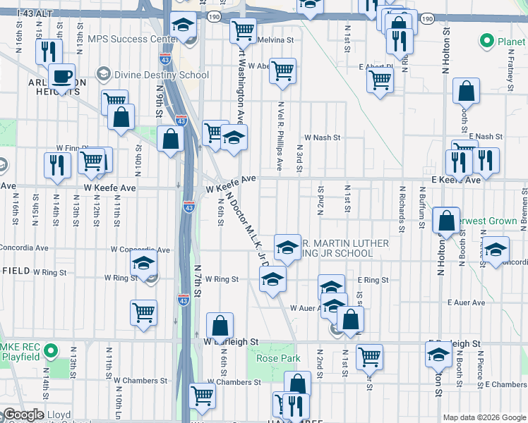 map of restaurants, bars, coffee shops, grocery stores, and more near 3356 North Doctor Martin Luther King Junior Drive in Milwaukee