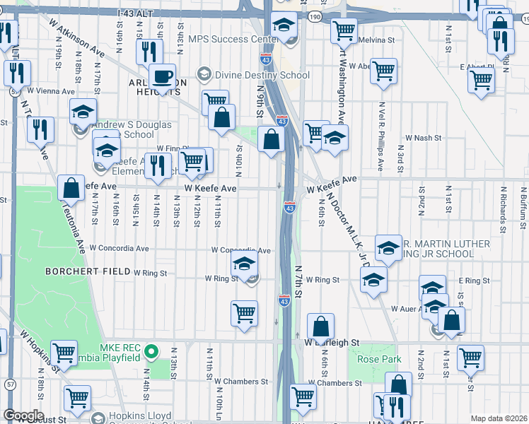 map of restaurants, bars, coffee shops, grocery stores, and more near 3349 North 9th Street in Milwaukee