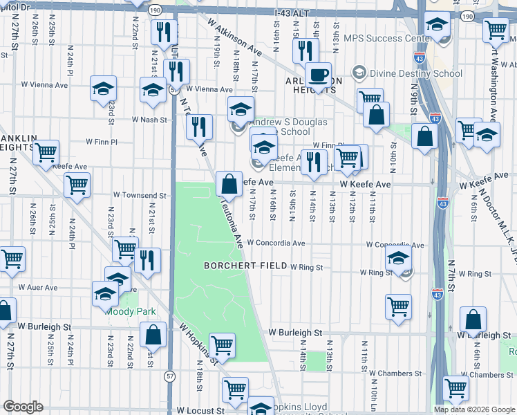 map of restaurants, bars, coffee shops, grocery stores, and more near 3347 North 16th Street in Milwaukee