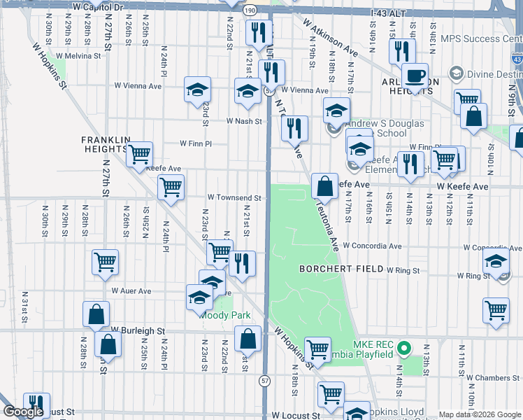 map of restaurants, bars, coffee shops, grocery stores, and more near 3351 North 20th Street in Milwaukee