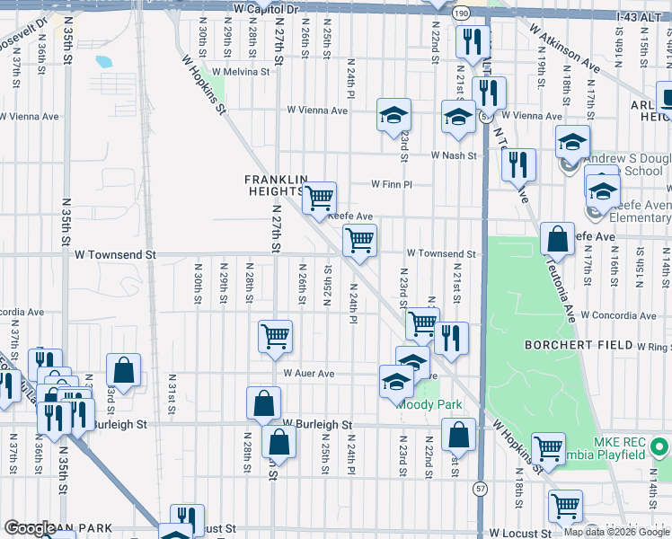 map of restaurants, bars, coffee shops, grocery stores, and more near 3341 North 25th Street in Milwaukee