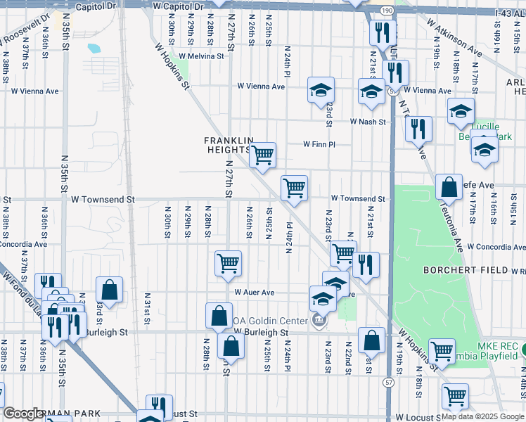 map of restaurants, bars, coffee shops, grocery stores, and more near 3341 North 25th Street in Milwaukee