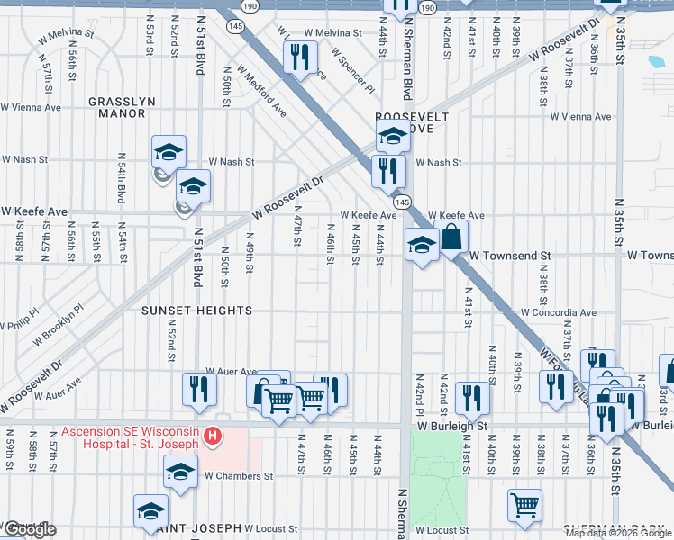 map of restaurants, bars, coffee shops, grocery stores, and more near 3334 North 46th Street in Milwaukee