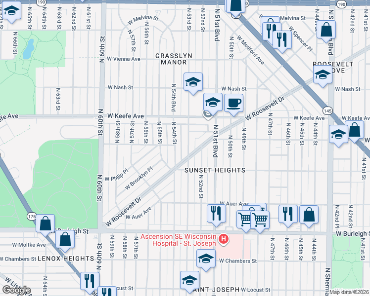 map of restaurants, bars, coffee shops, grocery stores, and more near 5235 West Roosevelt Drive in Milwaukee