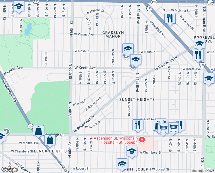 map of restaurants, bars, coffee shops, grocery stores, and more near 3333 North 54th Street in Milwaukee