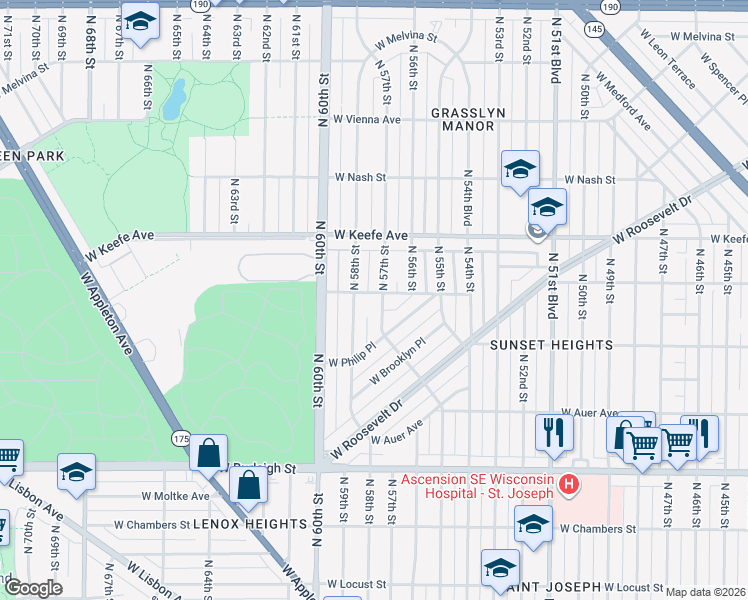 map of restaurants, bars, coffee shops, grocery stores, and more near 3320 North 58th Street in Milwaukee