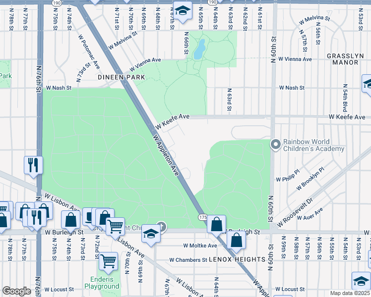 map of restaurants, bars, coffee shops, grocery stores, and more near 6676 West Appleton Avenue in Milwaukee