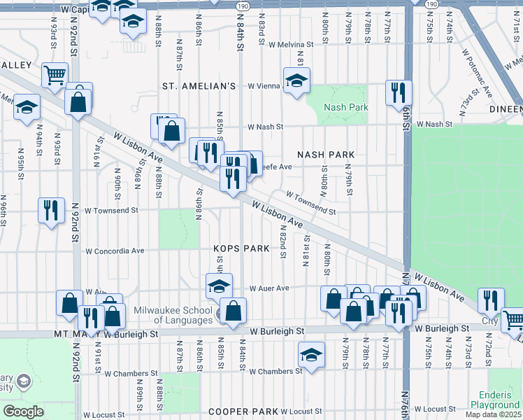 map of restaurants, bars, coffee shops, grocery stores, and more near 3344 North 84th Street in Milwaukee
