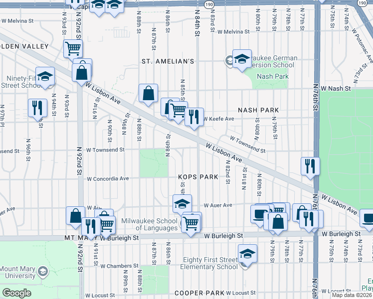 map of restaurants, bars, coffee shops, grocery stores, and more near 3350 North 85th Street in Milwaukee