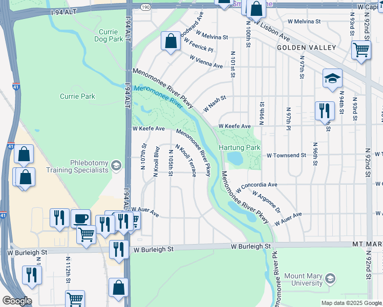 map of restaurants, bars, coffee shops, grocery stores, and more near 3309 North Knoll Terrace in Wauwatosa
