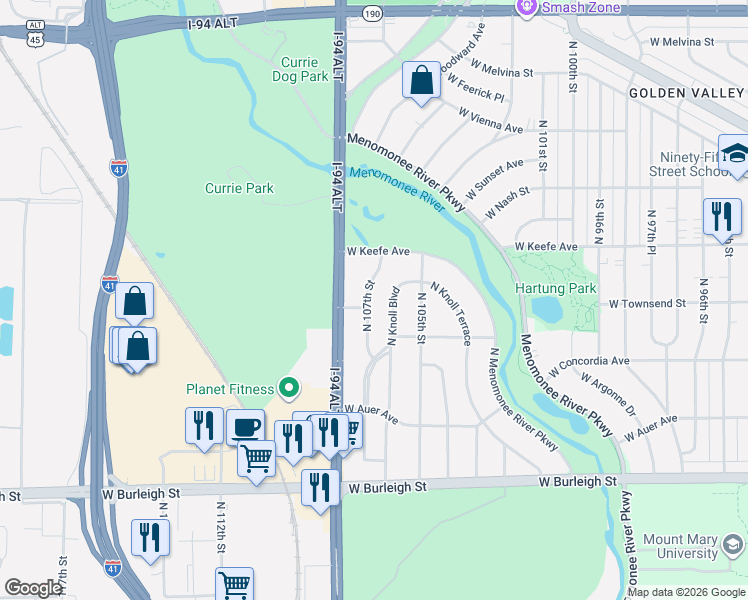 map of restaurants, bars, coffee shops, grocery stores, and more near 3337 North 107th Street in Wauwatosa