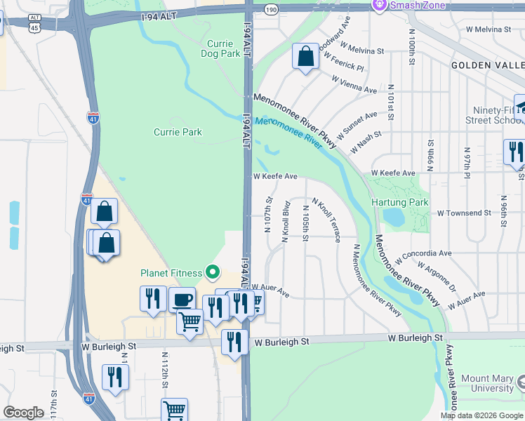 map of restaurants, bars, coffee shops, grocery stores, and more near 3337 North 107th Street in Wauwatosa