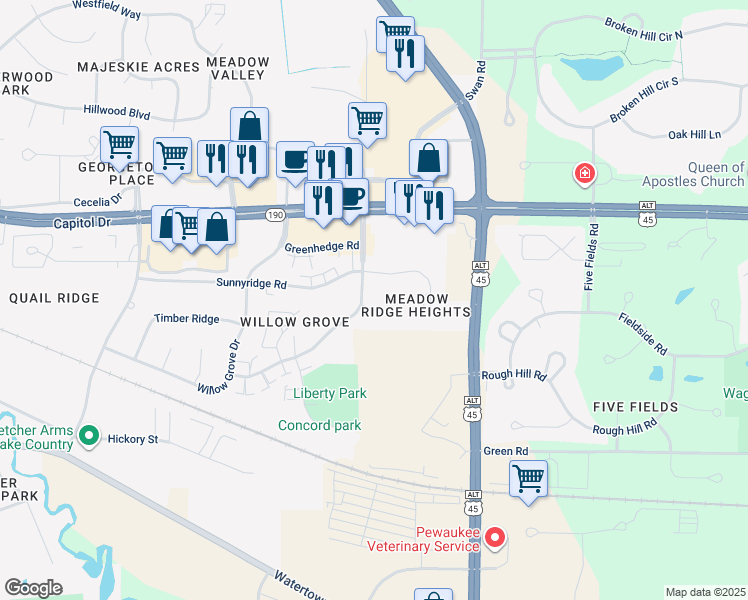map of restaurants, bars, coffee shops, grocery stores, and more near 1384 Meadowcreek Drive in Pewaukee