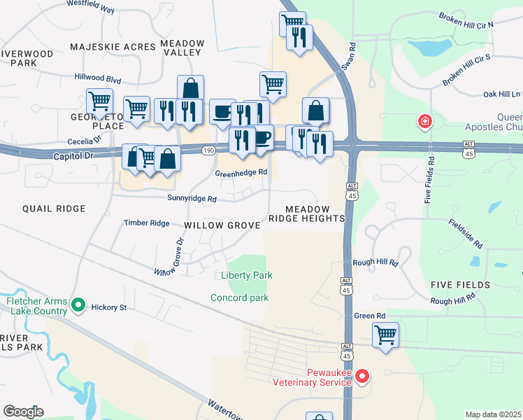 map of restaurants, bars, coffee shops, grocery stores, and more near 1384 Meadowcreek Drive in Pewaukee