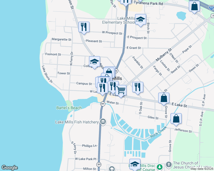 map of restaurants, bars, coffee shops, grocery stores, and more near 109 West Lake Street in Lake Mills