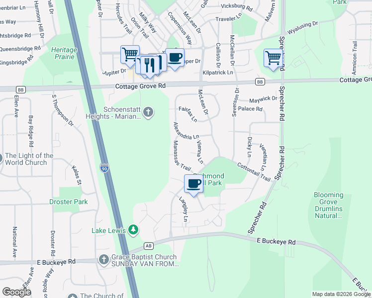 map of restaurants, bars, coffee shops, grocery stores, and more near 1329 Manassas Trail in Madison