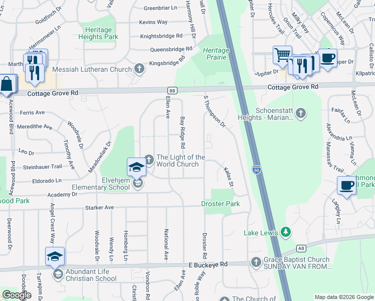 map of restaurants, bars, coffee shops, grocery stores, and more near 1218 Droster Road in Madison