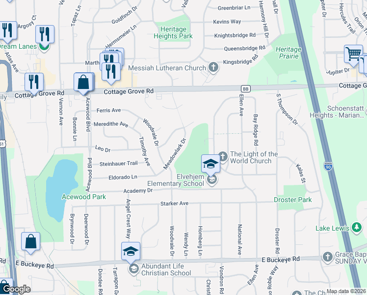 map of restaurants, bars, coffee shops, grocery stores, and more near 1241 Meadowlark Drive in Madison