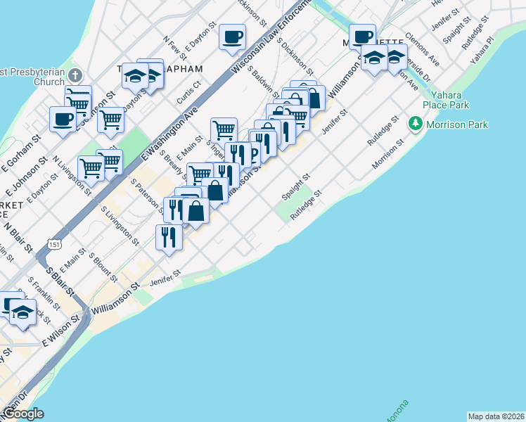 map of restaurants, bars, coffee shops, grocery stores, and more near 1026 Spaight Street in Madison
