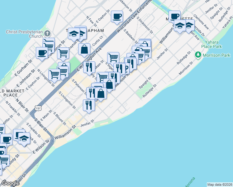 map of restaurants, bars, coffee shops, grocery stores, and more near 504 South Brearly Street in Madison