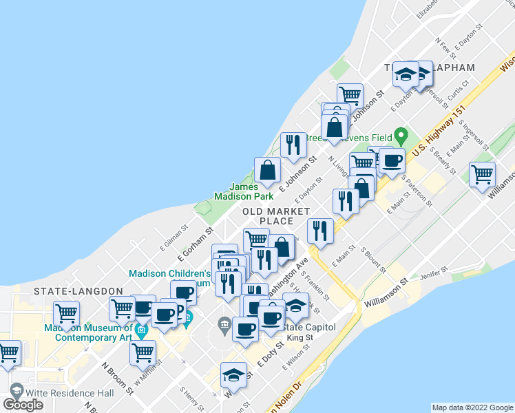 map of restaurants, bars, coffee shops, grocery stores, and more near in Madison