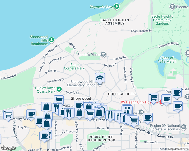 map of restaurants, bars, coffee shops, grocery stores, and more near 1120 Shorewood Boulevard in Madison