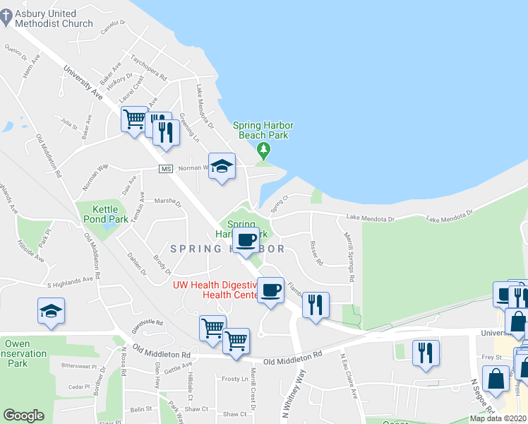 map of restaurants, bars, coffee shops, grocery stores, and more near 1137 Minocqua Crescent in Madison
