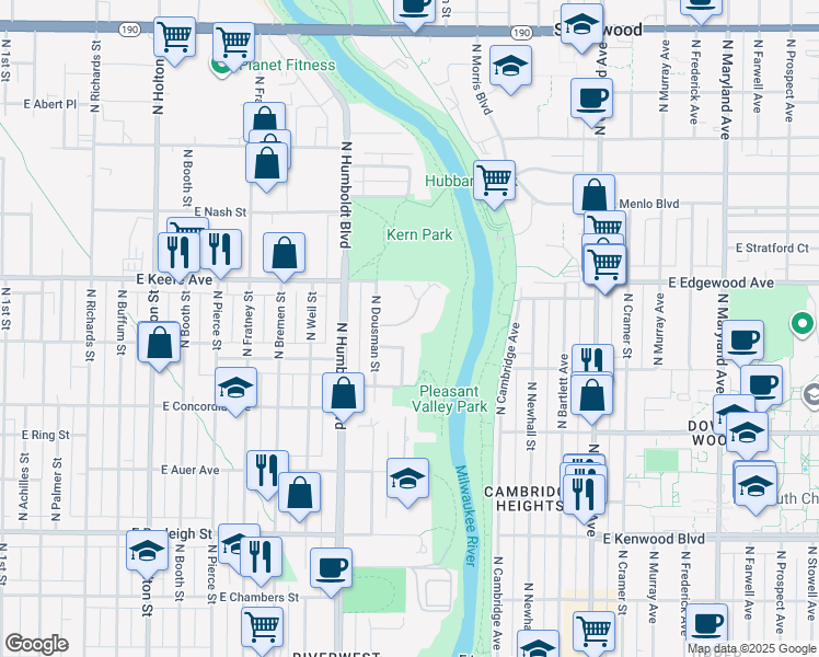 map of restaurants, bars, coffee shops, grocery stores, and more near 3371 North Gordon Place in Milwaukee