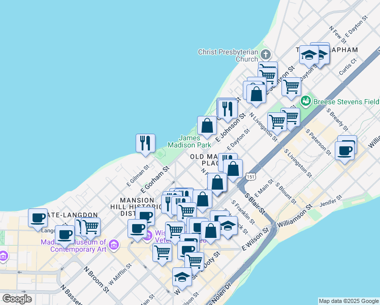 map of restaurants, bars, coffee shops, grocery stores, and more near 315 North Franklin Street in Madison