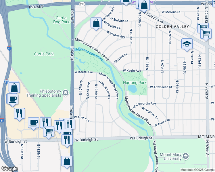 map of restaurants, bars, coffee shops, grocery stores, and more near 3309 North Knoll Terrace in Wauwatosa