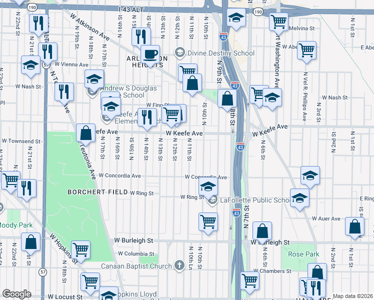 map of restaurants, bars, coffee shops, grocery stores, and more near 3419 North 11th Street in Milwaukee