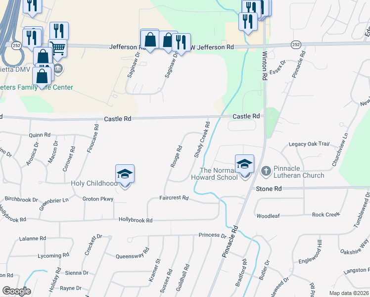 map of restaurants, bars, coffee shops, grocery stores, and more near 72 Rouge Road in Rochester