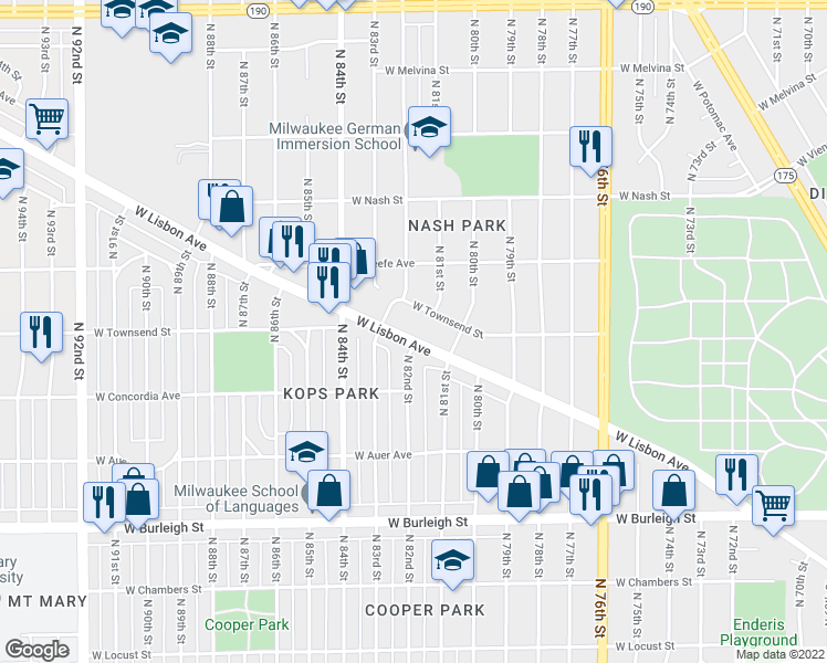 map of restaurants, bars, coffee shops, grocery stores, and more near 8200 West Lisbon Avenue in Milwaukee
