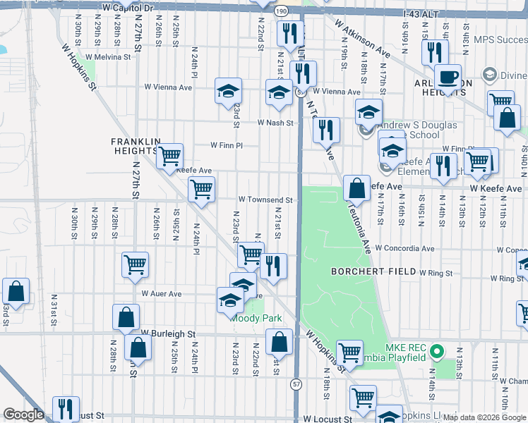 map of restaurants, bars, coffee shops, grocery stores, and more near 3353 North 21st Street in Milwaukee