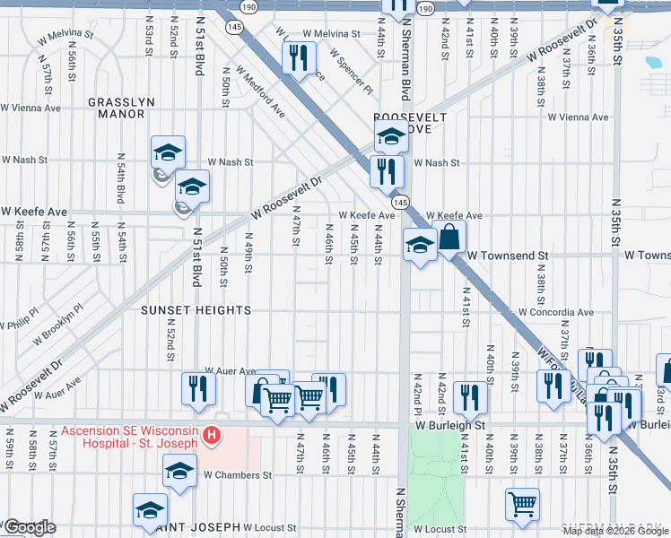 map of restaurants, bars, coffee shops, grocery stores, and more near 3334 North 46th Street in Milwaukee