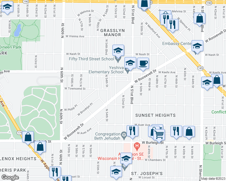 map of restaurants, bars, coffee shops, grocery stores, and more near 5235 West Roosevelt Drive in Milwaukee